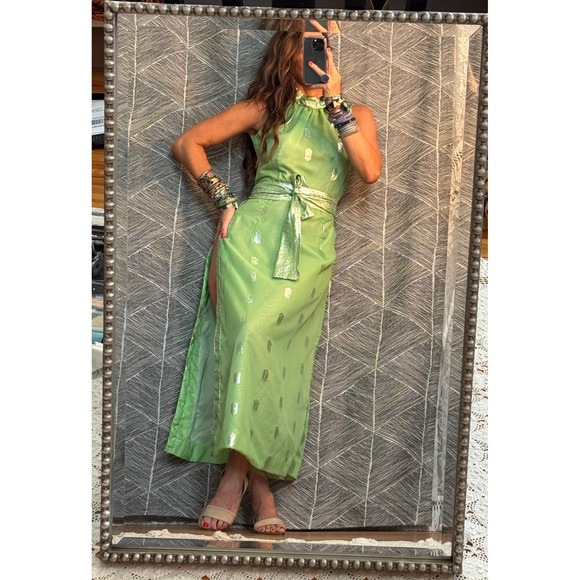Vintage 70s Green‎ & Silver Maxi Dress with Pants & Sash
